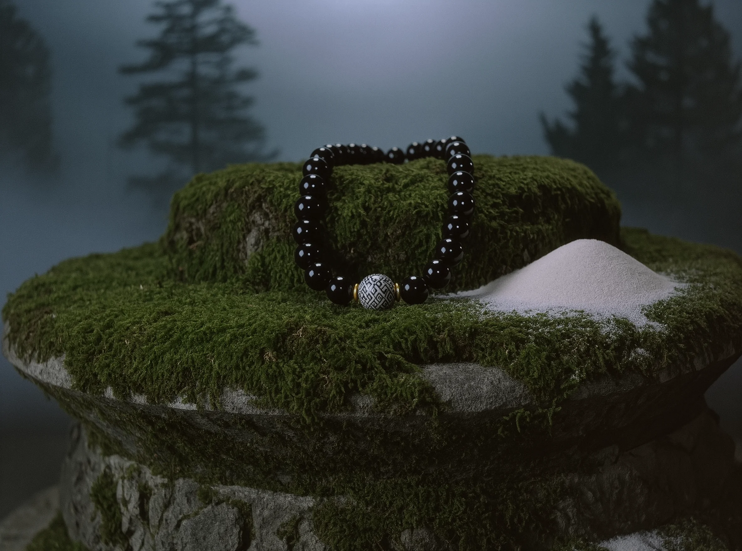 The Altar of Time: Why Ancient Stones Ground the Modern Soul 1 Ancient Stones by Yuano: A sacred obsidian and Dzi bead relic resting on a mossy altar of time.