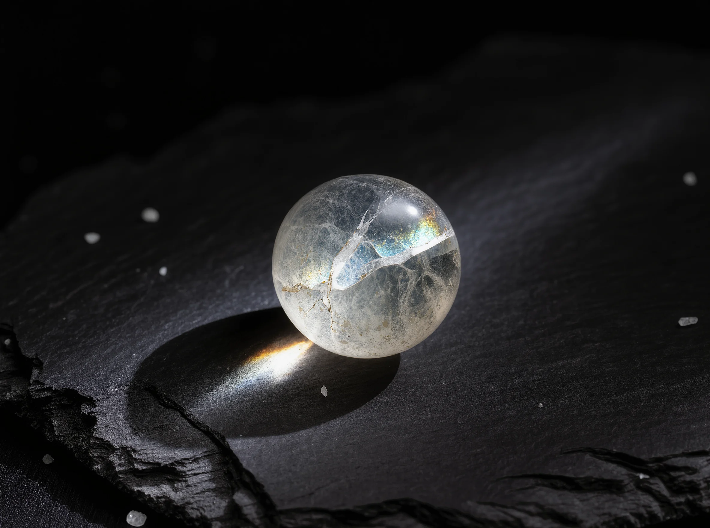 The Unfinished Prayer: Finding Beauty in Divine Imperfection 1 Divine Imperfection: A clear quartz relic by Yuano featuring internal fissures and celestial rainbow inclusions.