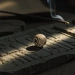 Etched Stone by Yuano: A sacred Pumtek bead with geometric patterns resting on an ancient stone tablet under dramatic light.