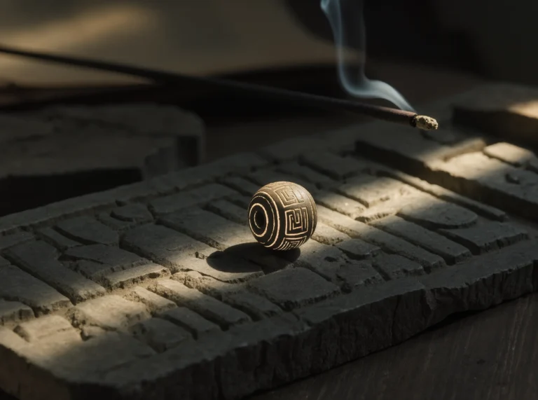 The Etched Word: Decoding the Scripture of the Eart 1 Etched Stone by Yuano: A sacred Pumtek bead with geometric patterns resting on an ancient stone tablet under dramatic light.