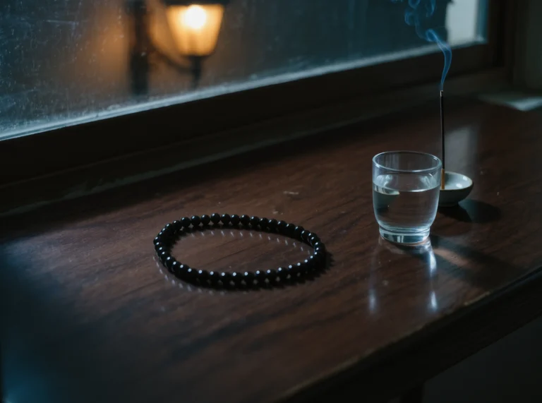 The Evening Descent: Returning the Weight to the Altar 4 Evening Ritual by Yuano: A sacred obsidian necklace resting on a wooden altar beside a glass of water and incense at dusk.