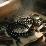 Mineral Witness by Yuano: Sacred obsidian relics and mineral fragments on an ancient scroll illuminated by dawn.