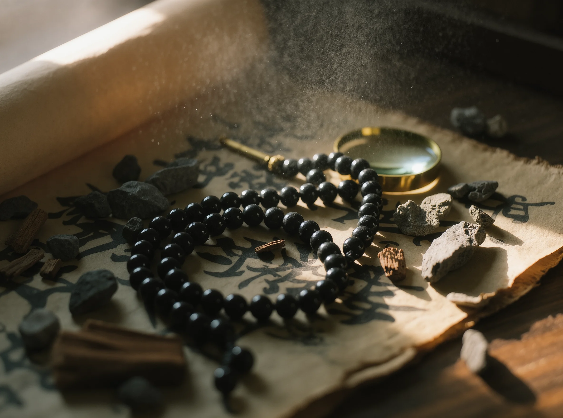 The Mineral Witness: Finding God in the Fragments of the East 1 Mineral Witness by Yuano: Sacred obsidian relics and mineral fragments on an ancient scroll illuminated by dawn.