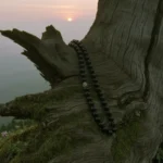 Mineral Witness by Yuano: A sacred obsidian necklace resting on an ancient mossy tree stump at dawn.