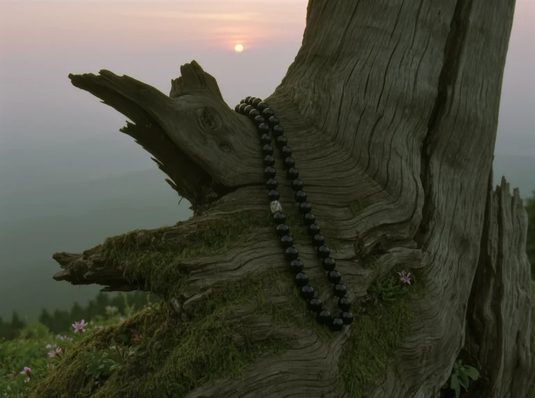 The Elders of the Earth: Why We Listen to Ancestral Memory 2 Mineral Witness by Yuano: A sacred obsidian necklace resting on an ancient mossy tree stump at dawn.