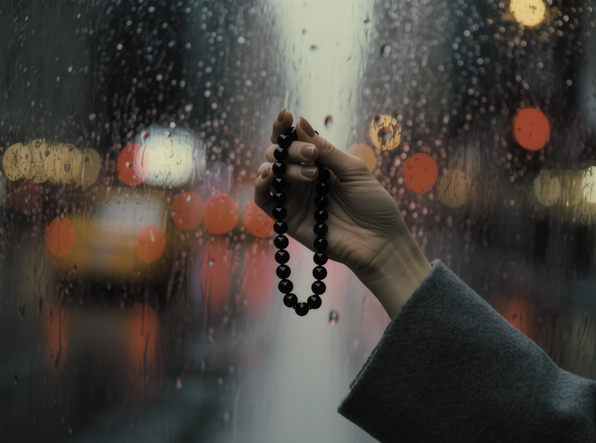 The Portable Altar: Finding Stillness in the Pulse of the City 1 Portable Altar by Yuano: A handcrafted obsidian necklace held against the blurred lights of a rainy city.