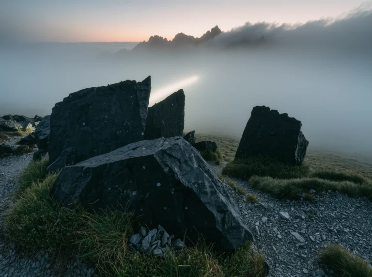 The Call of the Wilderness: Where Yuano Begins 3 Raw Obsidian by Yuano: Giant volcanic fragments on a misty mountain plateau illuminated by a sharp beam of light.