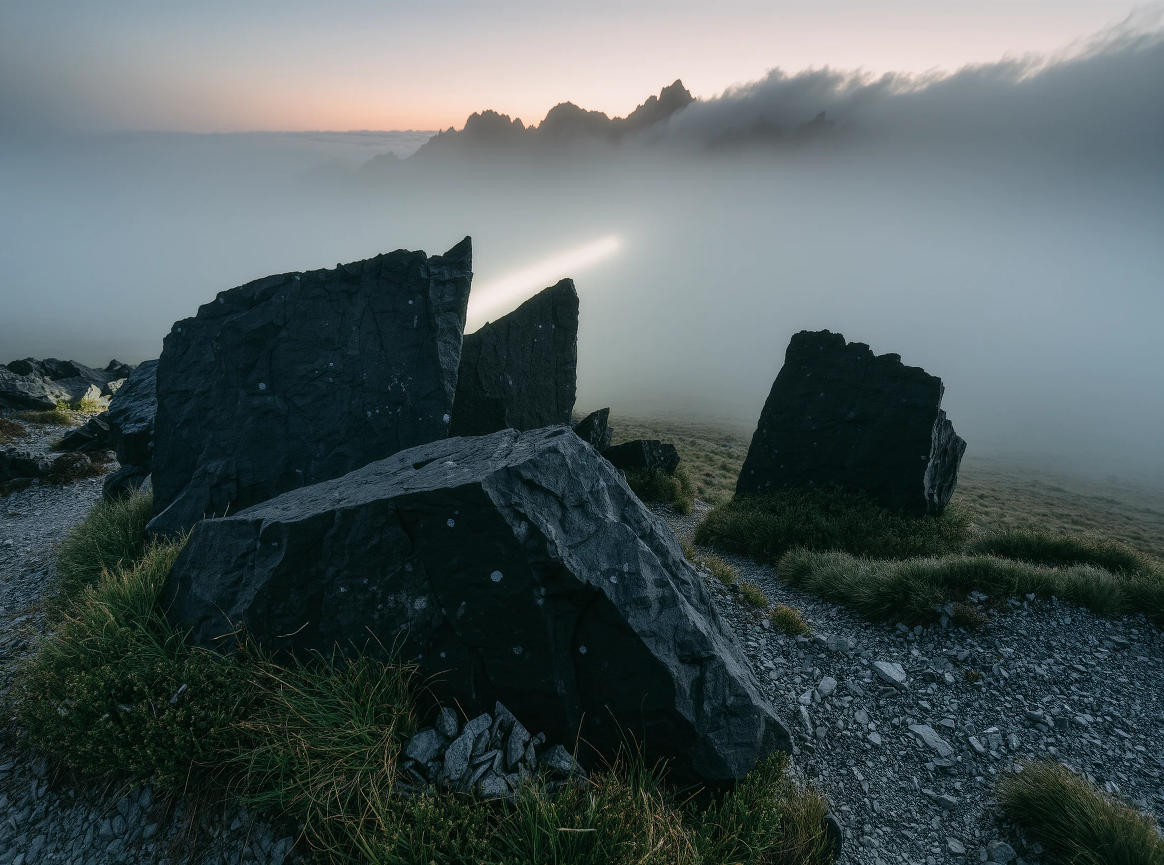 The Call of the Wilderness: Where Yuano Begins 1 Raw Obsidian by Yuano: Giant volcanic fragments on a misty mountain plateau illuminated by a sharp beam of light.
