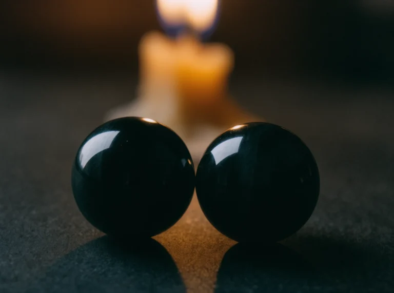 The Prism of Grace: How Light Inhabits the Stone 1 Sacred Light by Yuano: Two obsidian spheres reflecting candlelight in a dramatic chiaroscuro setting.
