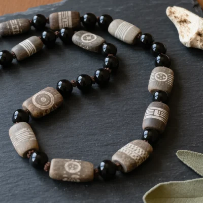 Covenant No. 01 — The Void Primary Narrative Covenant No. 01: The Void hand-knotted necklace featuring Tibet Dzi beads and Tibet Obsidian.