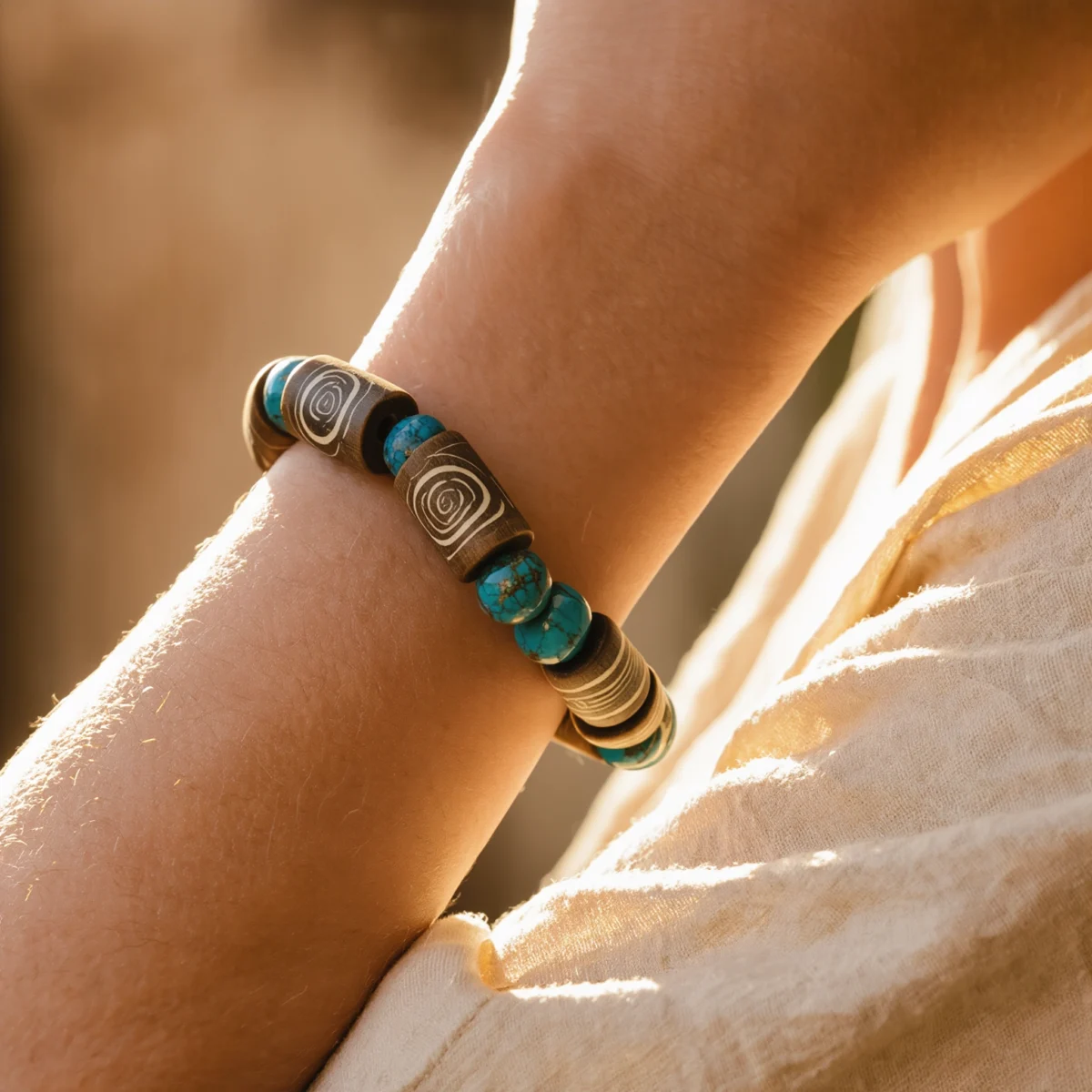 Covenant No. 02 — Lifestyle Observational Poise Covenant No. 02: Cosmic Eye bracelet worn on a wrist against a neutral linen garment under warm sunlight.