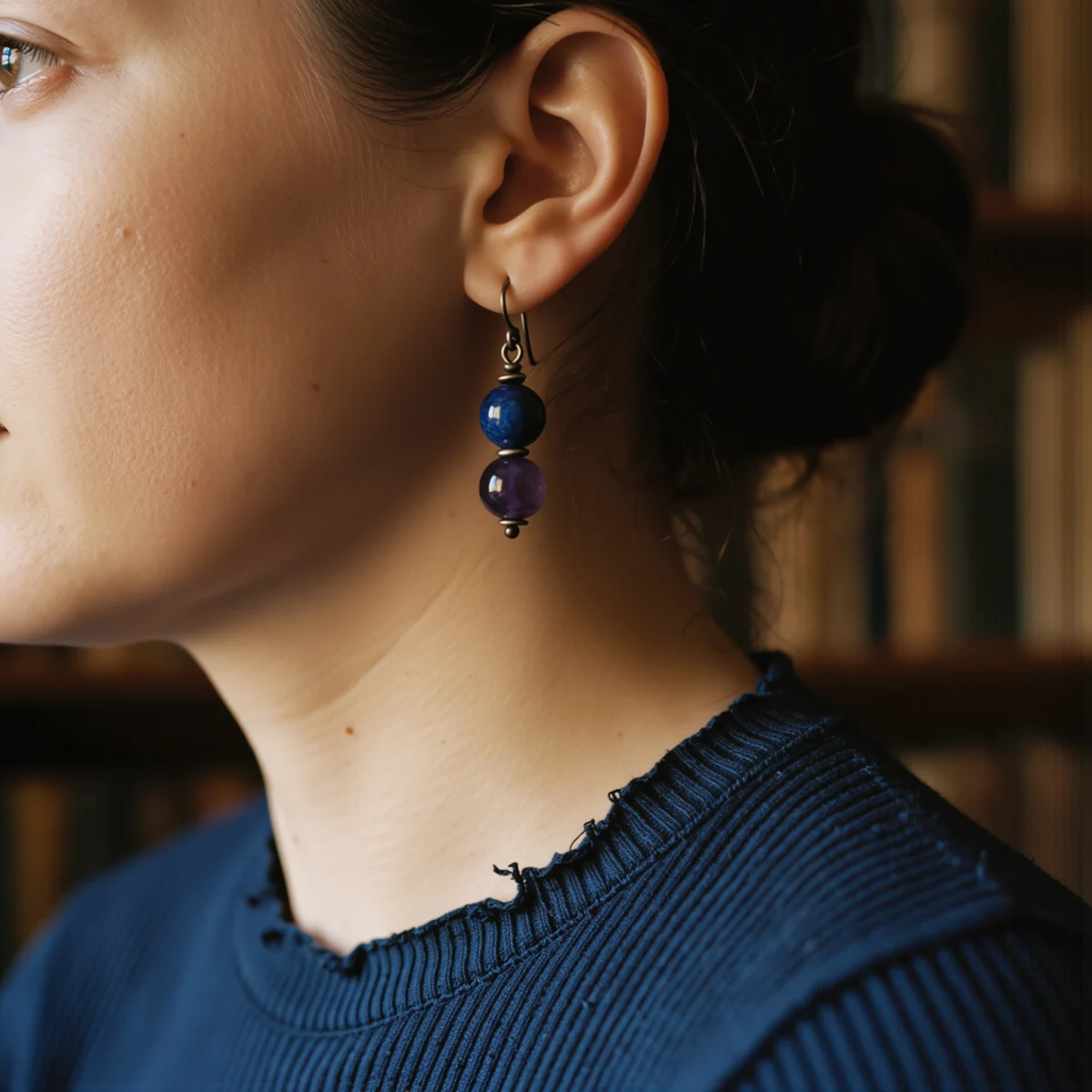 Covenant No. 03 — Lifestyle Observational Poise Covenant No. 03: Midnight Oracle earrings worn on an ear against a navy ribbed garment in a quiet library setting.