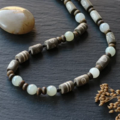 Covenant No. 04: Ancient Wisdom hand-knotted necklace featuring Tibet Dzi and Xinjiang Nephrite Jade.