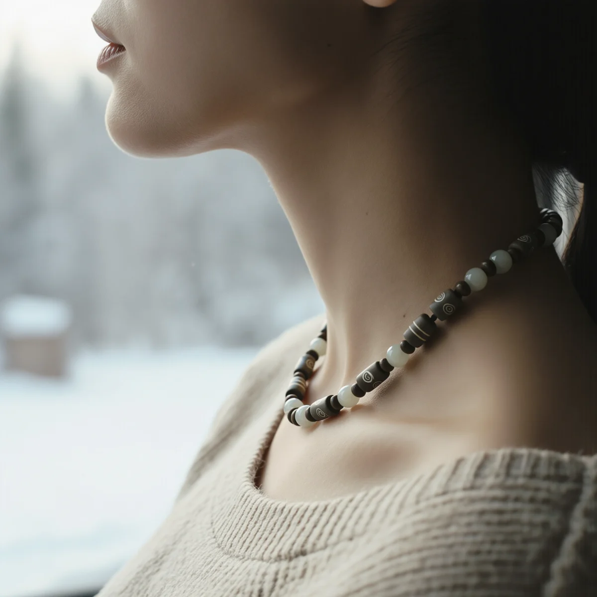 Covenant No. 04: Ancient Wisdom necklace worn on a neck against a neutral oatmeal sweater under soft window light.