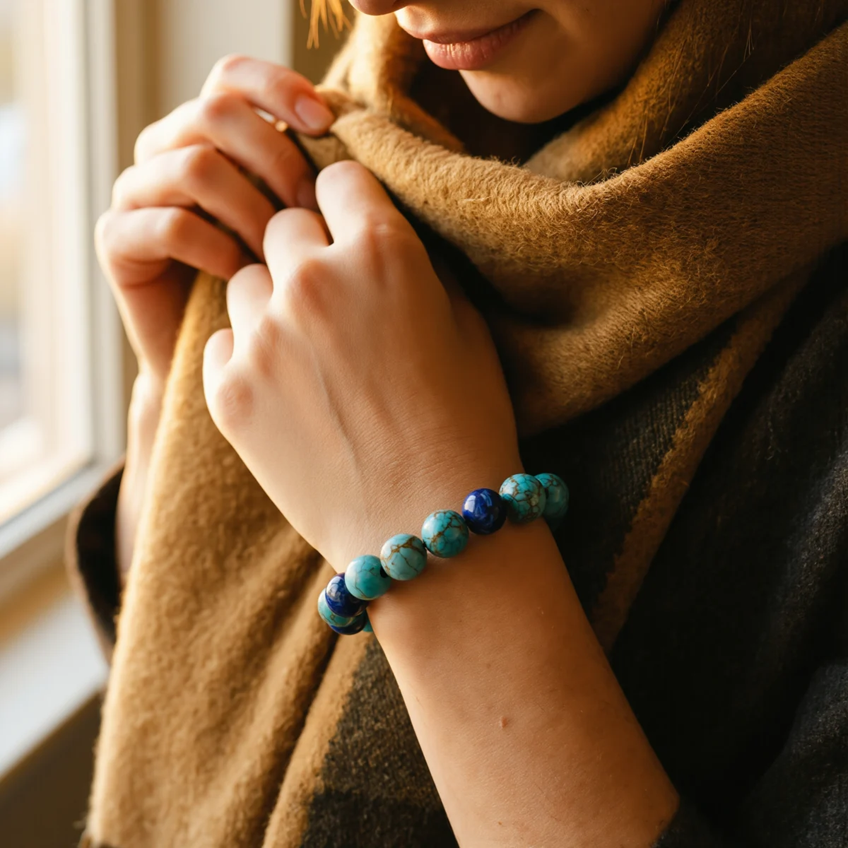Covenant No. 06 — Lifestyle Observational Poise Covenant No. 06: The Seer bracelet worn on a wrist against a textured brown scarf under soft window light.