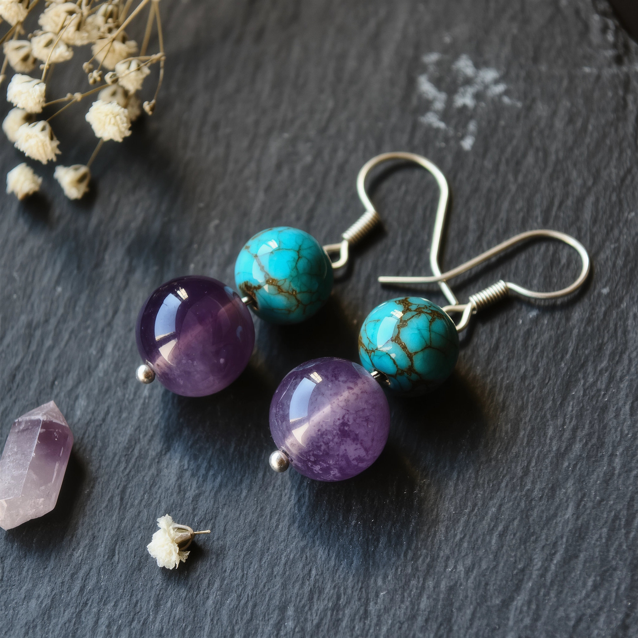 Covenant No. 07: Spirit's Echo hand-knotted earrings featuring Donghai Amethyst and Hubei Turquoise.