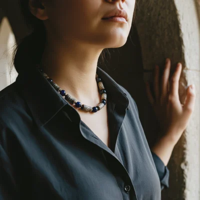 Yuano Covenant No 08 - Model Wearing Smoky Quartz Beaded Necklace Model wearing Absolute Smoky Quartz Beaded Necklace for spiritual balance