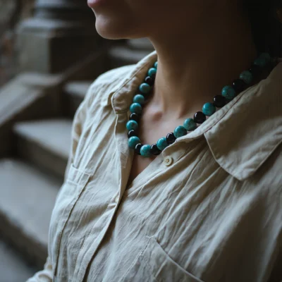 Yuano Covenant No 09 - Model Wearing Tiger's Eye Beaded Necklace Model wearing Absolute Tiger's Eye Beaded Necklace for sovereign insight