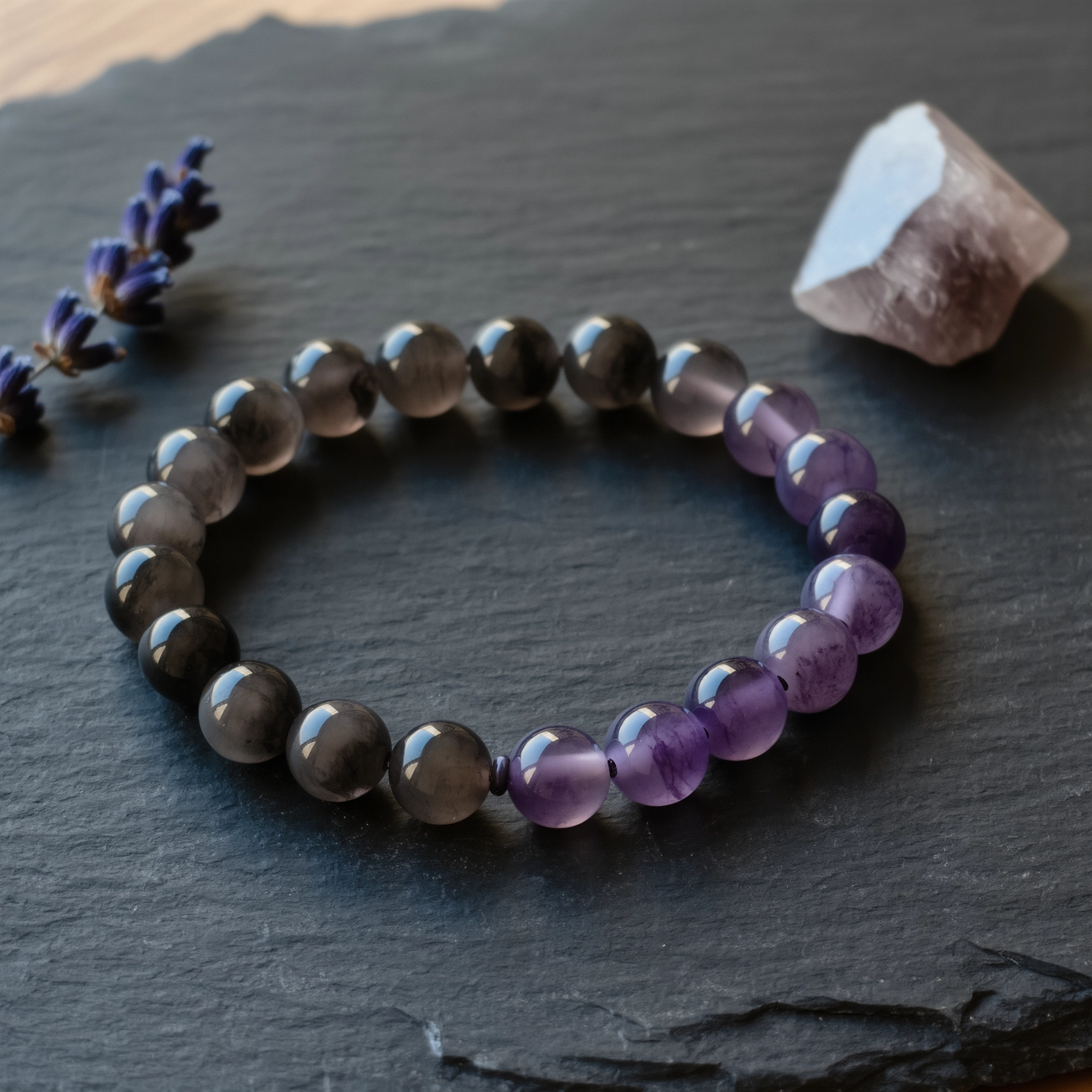 Covenant No. 10: Timeless Insight hand-knotted bracelet featuring Xinjiang Smoky Quartz and Donghai Amethyst.