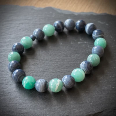 Fluidity No. 08 — Flowing Grace Main Perspective Fluidity No. 08: Flowing Grace hand-knotted necklace featuring Ili Blue Agate and Fujian Amazonite on slate.