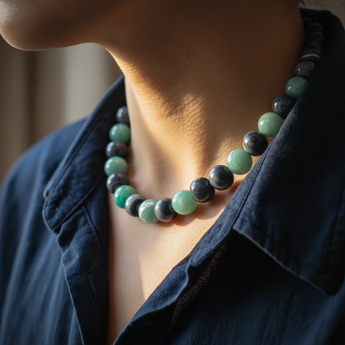 Fluidity No. 08 — Lifestyle Flowing Perspective Fluidity No. 08: Flowing Grace necklace worn by a model, demonstrating its liquid drape and mineral vibrance under warm sunlight.