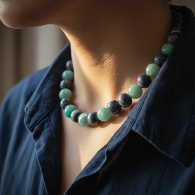 Fluidity No. 08 — Lifestyle Flowing Perspective Fluidity No. 08: Flowing Grace necklace worn by a model, demonstrating its liquid drape and mineral vibrance under warm sunlight.