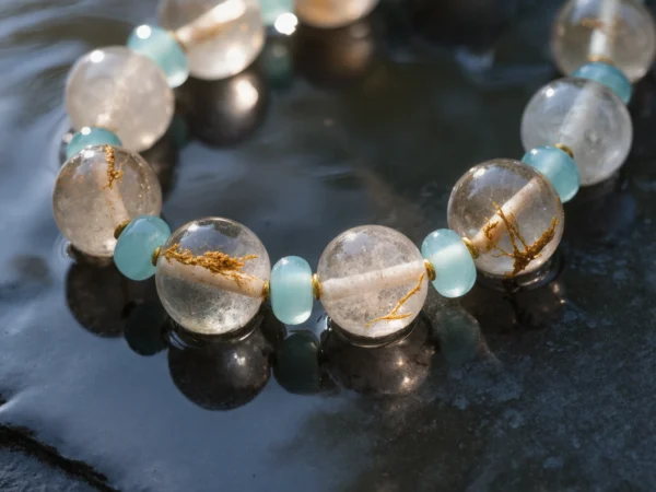 Fluidity No. 09 — Crystal Stream Aqueous Perspective Fluidity No. 09: Crystal Stream hand-knotted necklace featuring Donghai Rutilated Quartz reflected in water.