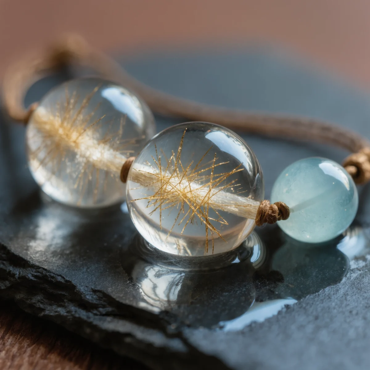 Fluidity No. 09 — Crystalline Material Witness Fluidity No. 09 macro detail showing the golden hair-like rutile inclusions within Donghai Crystal and Xinjiang Aquamarine.