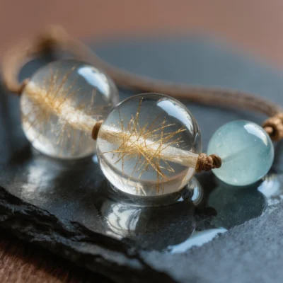 Fluidity No. 09 — Crystalline Material Witness Fluidity No. 09 macro detail showing the golden hair-like rutile inclusions within Donghai Crystal and Xinjiang Aquamarine.