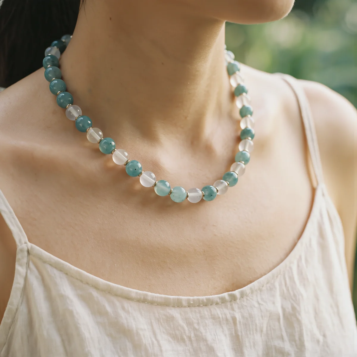 Fluidity No. 01 — Lifestyle Flowing Perspective Fluidity No. 01: The Rising Tide necklace worn by a model, demonstrating its rhythmic drape and clarity against a white linen garment.