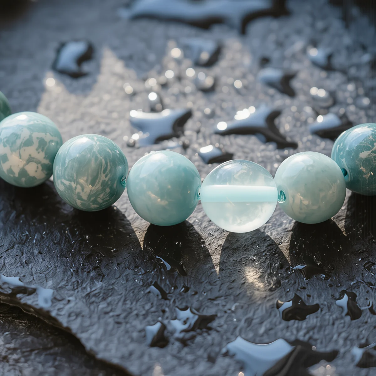 Fluidity No. 02 — Macro Material Witness Fluidity No. 02 macro detail highlighting the unique silky textures of Fujian Amazonite and the glacial purity of Xinjiang Aquamarine.