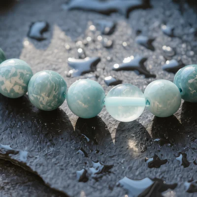 Fluidity No. 02 — Macro Material Witness Fluidity No. 02 macro detail highlighting the unique silky textures of Fujian Amazonite and the glacial purity of Xinjiang Aquamarine.