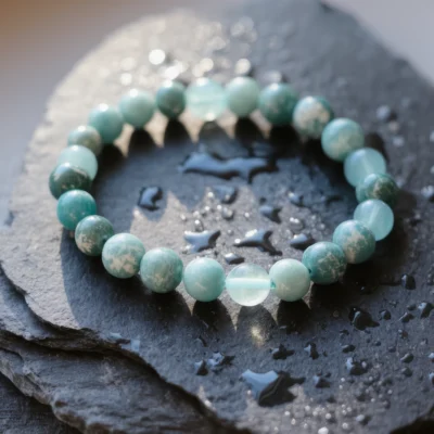 Fluidity No. 02 — Ocean's Dream Main Perspective Fluidity No. 02: Ocean's Dream hand-knotted bracelet featuring Fujian Amazonite and Xinjiang Aquamarine on wet dark slate.