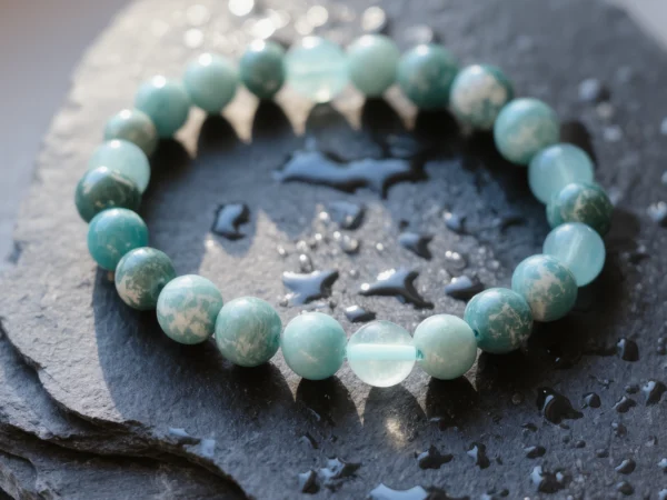 Fluidity No. 02 — Ocean's Dream Main Perspective Fluidity No. 02: Ocean's Dream hand-knotted bracelet featuring Fujian Amazonite and Xinjiang Aquamarine on wet dark slate.