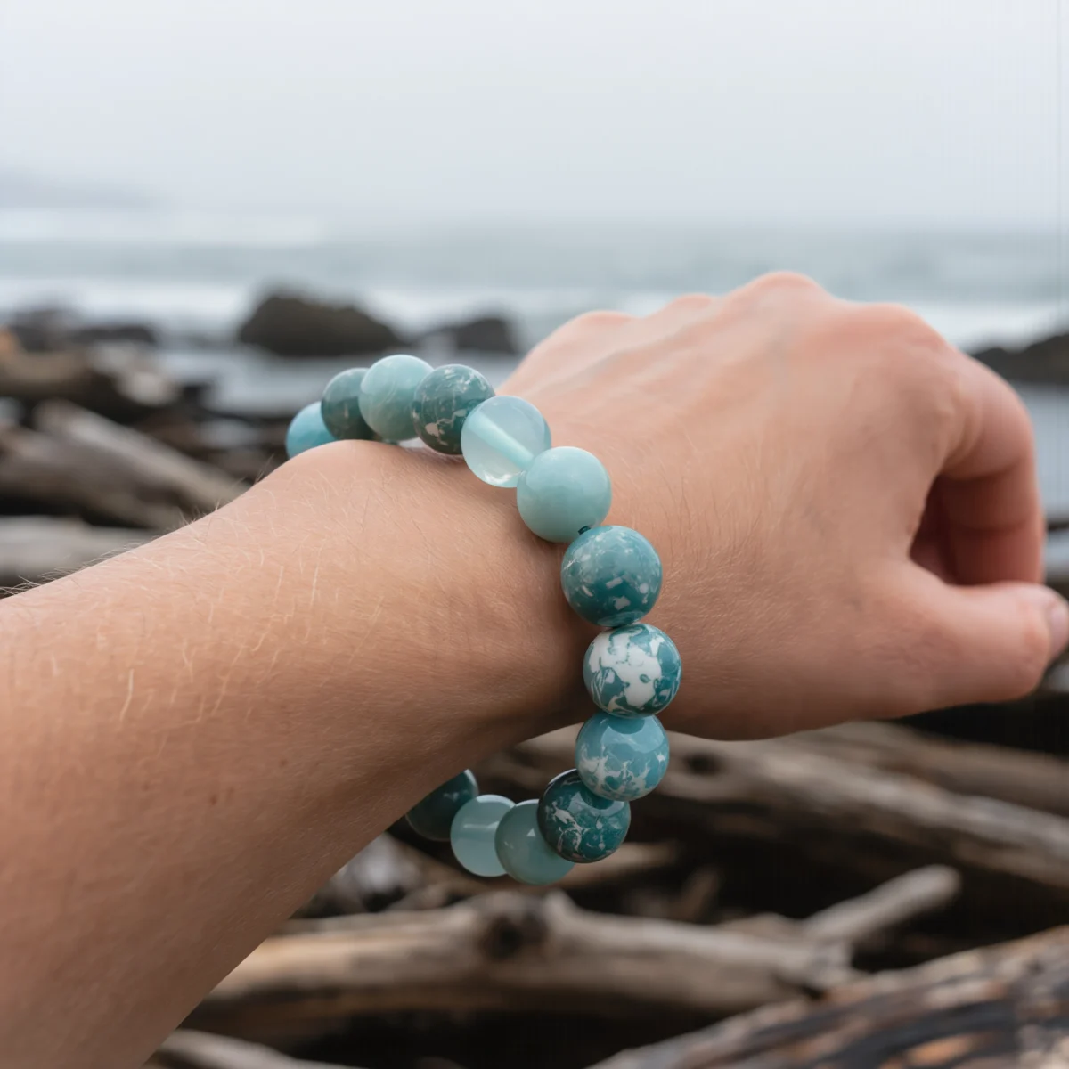 Fluidity No. 02 — Lifestyle Oceanic Perspective Fluidity No. 02: Ocean's Dream bracelet worn by a model, demonstrating the natural connection against a serene coastal background.