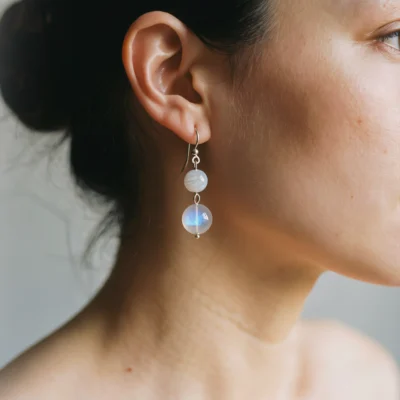 Fluidity No. 03 — Lifestyle Radiant Perspective Fluidity No. 03: Moon on Water earrings worn by a model, demonstrating the elegant suspension and radiant lunar glow.