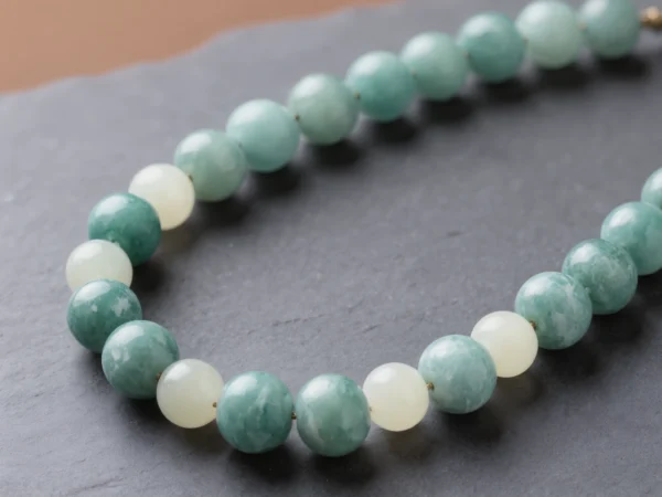 Fluidity No. 04 — Aqua Stillness Main Perspective Fluidity No. 04: Aqua Stillness hand-knotted necklace featuring Fujian Amazonite and Xinjiang Nephrite Jade on dark slate.
