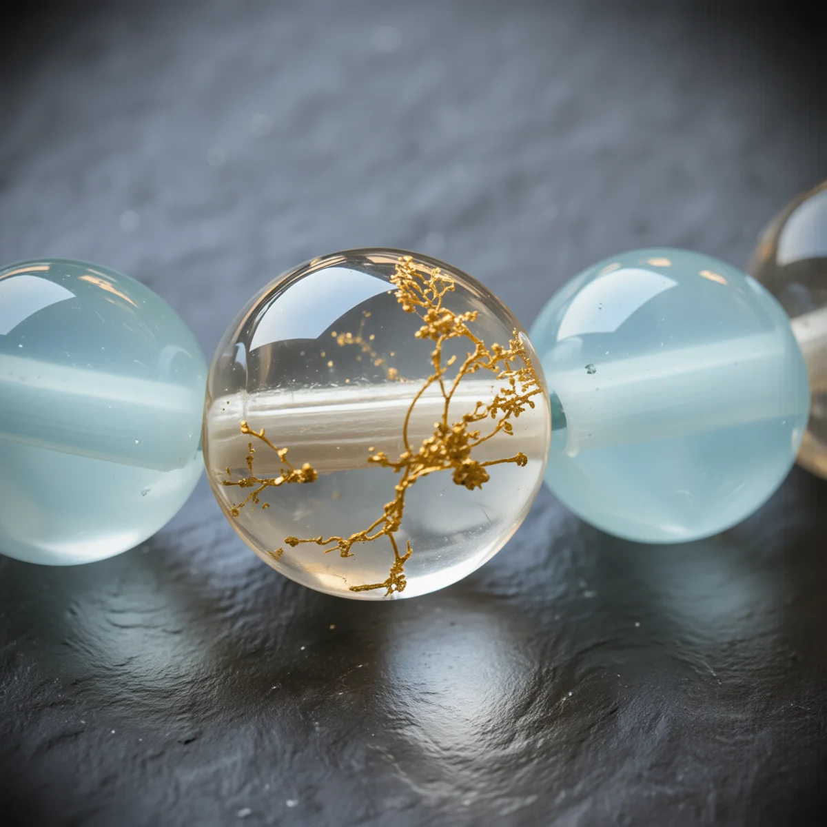 Fluidity No. 05 — Macro Material Witness Fluidity No. 05 macro detail highlighting the golden needle-like inclusions of Donghai Rutilated Quartz and the clarity of Xinjiang Aquamarine.