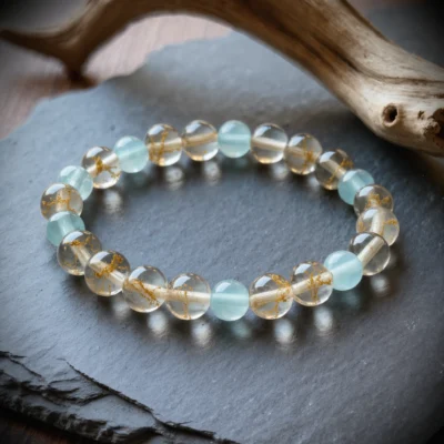 Fluidity No. 05 — River of Stars Main Perspective Fluidity No. 05: River of Stars hand-knotted bracelet featuring Donghai Rutilated Quartz and Xinjiang Aquamarine on dark slate.