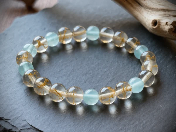 Fluidity No. 05 — River of Stars Main Perspective Fluidity No. 05: River of Stars hand-knotted bracelet featuring Donghai Rutilated Quartz and Xinjiang Aquamarine on dark slate.