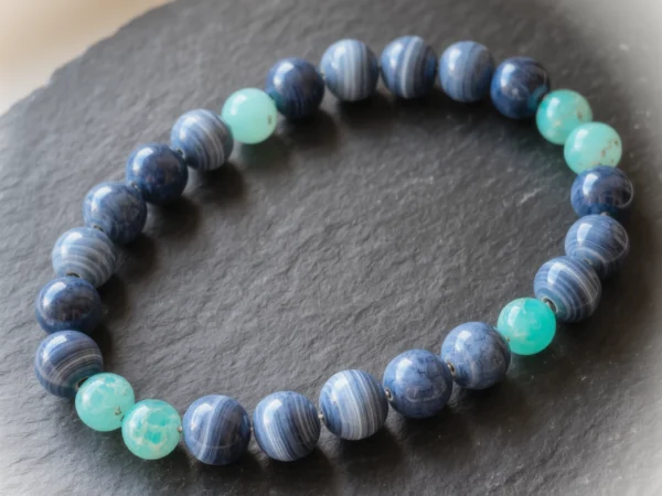 Fluidity No. 06 — Mist & Dew Main Perspective Fluidity No. 06: Mist & Dew hand-knotted necklace featuring Blue Silk Agate and Amazonite on dark slate.