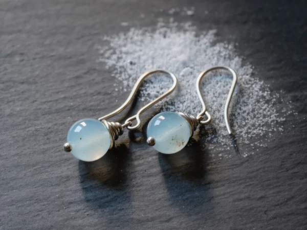 Fluidity No. 07 — Glacial Echo Main Perspective Fluidity No. 07: Glacial Echo hand-knotted earrings featuring Xinjiang Aquamarine and Silver on snow-dusted slate.
