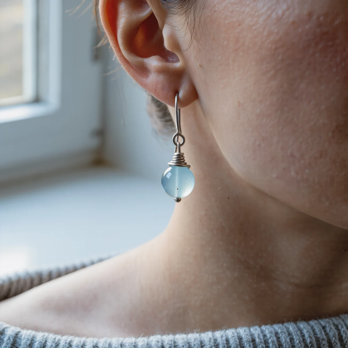 Fluidity No. 07 — Lifestyle Radiant Perspective Fluidity No. 07: Glacial Echo earrings worn by a model, demonstrating the crystalline clarity against a grey knitted sweater.