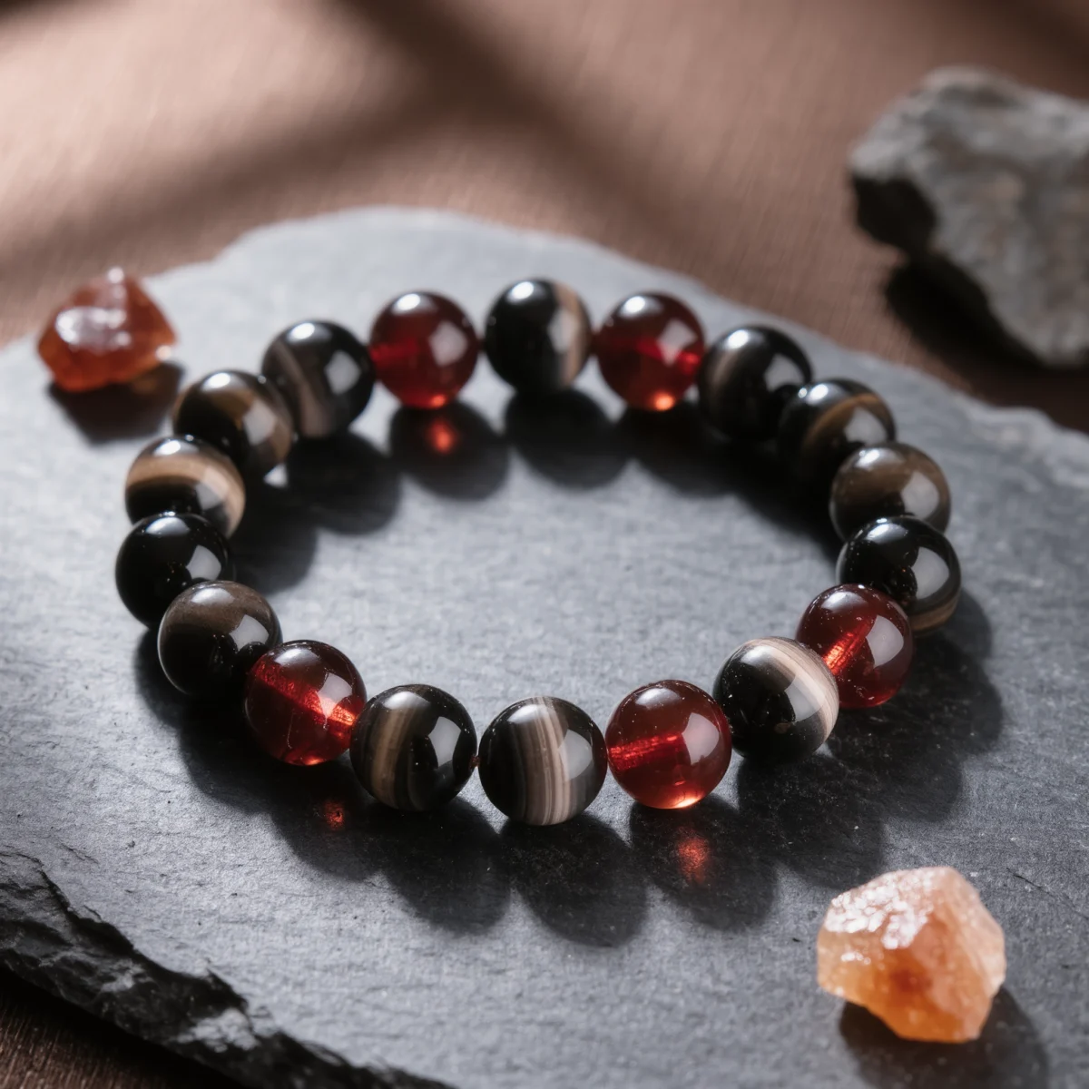 Fortress No. 02 — Warrior's Shield Primary Narrative Fortress No. 02: Warrior's Shield hand-knotted bracelet featuring Henan Black Tiger Eye and Xinjiang Garnet.