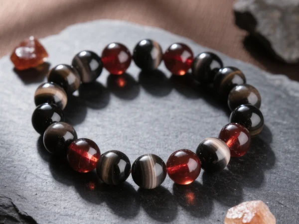 Fortress No. 02 — Warrior's Shield Primary Narrative Fortress No. 02: Warrior's Shield hand-knotted bracelet featuring Henan Black Tiger Eye and Xinjiang Garnet.