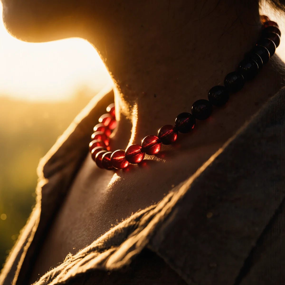 Fortress No. 04 — Lifestyle Observational Poise Fortress No. 04: Ember Guard necklace worn by a model, glowing under the golden warmth of a sunset.