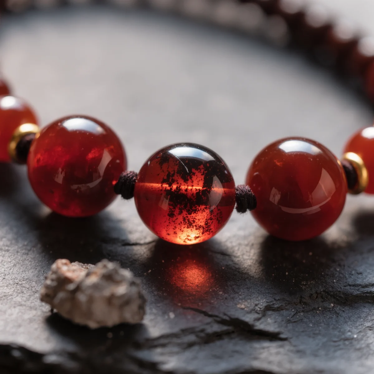 Fortress No. 04 — Mineral Fortification Detail Fortress No. 04 macro detail revealing the internal volcanic glow of Xinjiang Garnet and artisan silk knots.