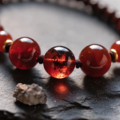 Fortress No. 04 — Mineral Fortification Detail Fortress No. 04 macro detail revealing the internal volcanic glow of Xinjiang Garnet and artisan silk knots.