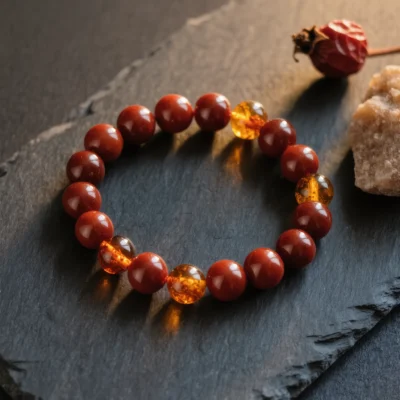 Fortress No. 06 — Crimson Vow Primary Narrative Fortress No. 06: Crimson Vow hand-knotted bracelet featuring Guizhou Cinnabar and Yunnan Tengchong Amber.