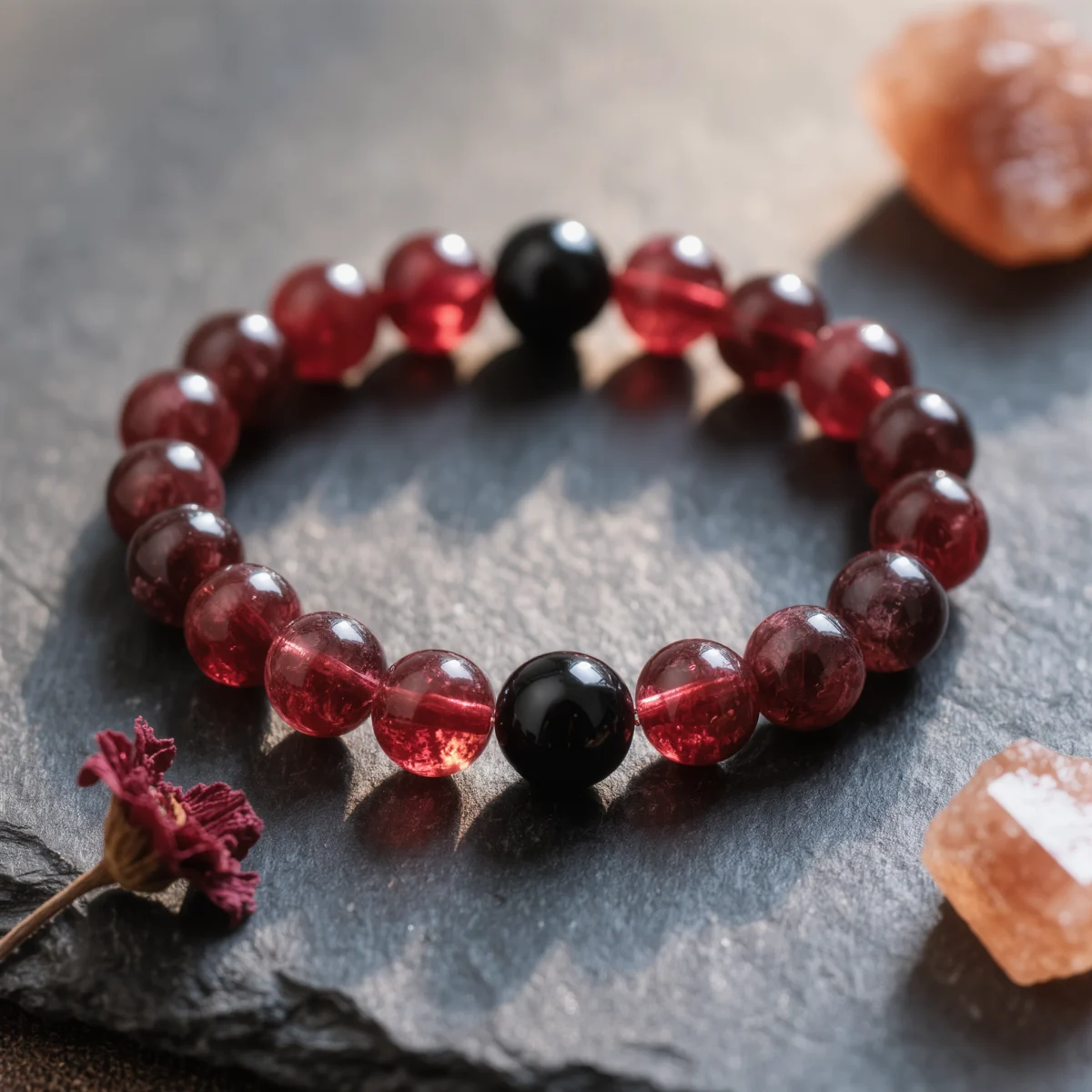 Fortress No. 08 — Blood Moon Primary Narrative Fortress No. 08: Blood Moon hand-knotted bracelet featuring Xinjiang Garnet and Tibet Obsidian.